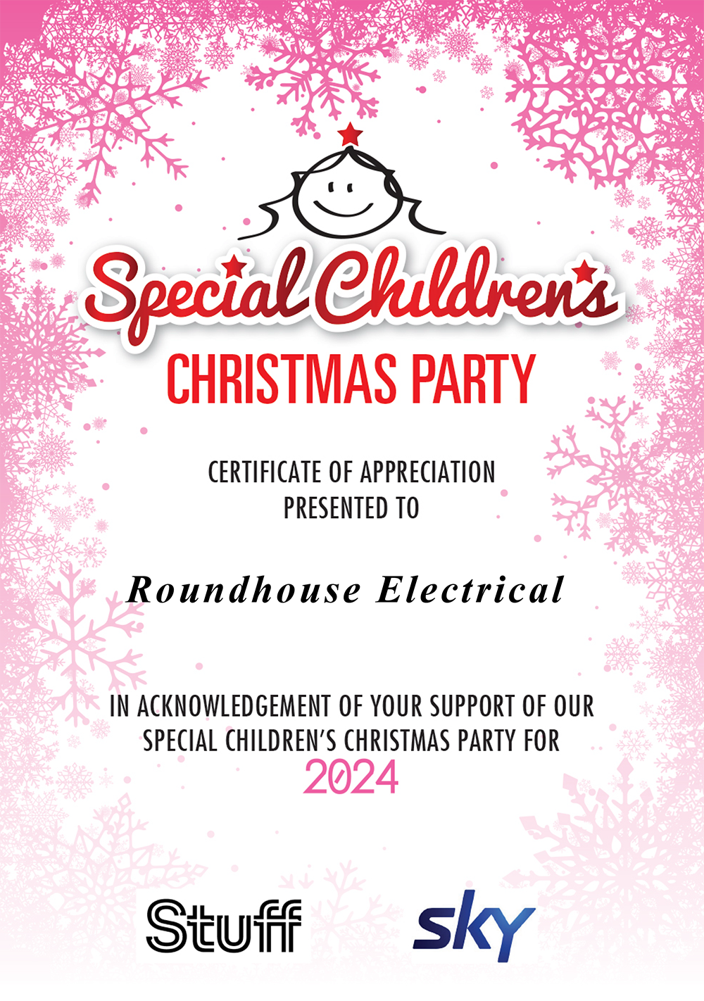 certificate of appreciation presented to Roundhouse Electrical