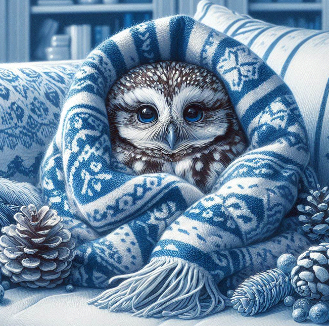 owl in a blue blanket