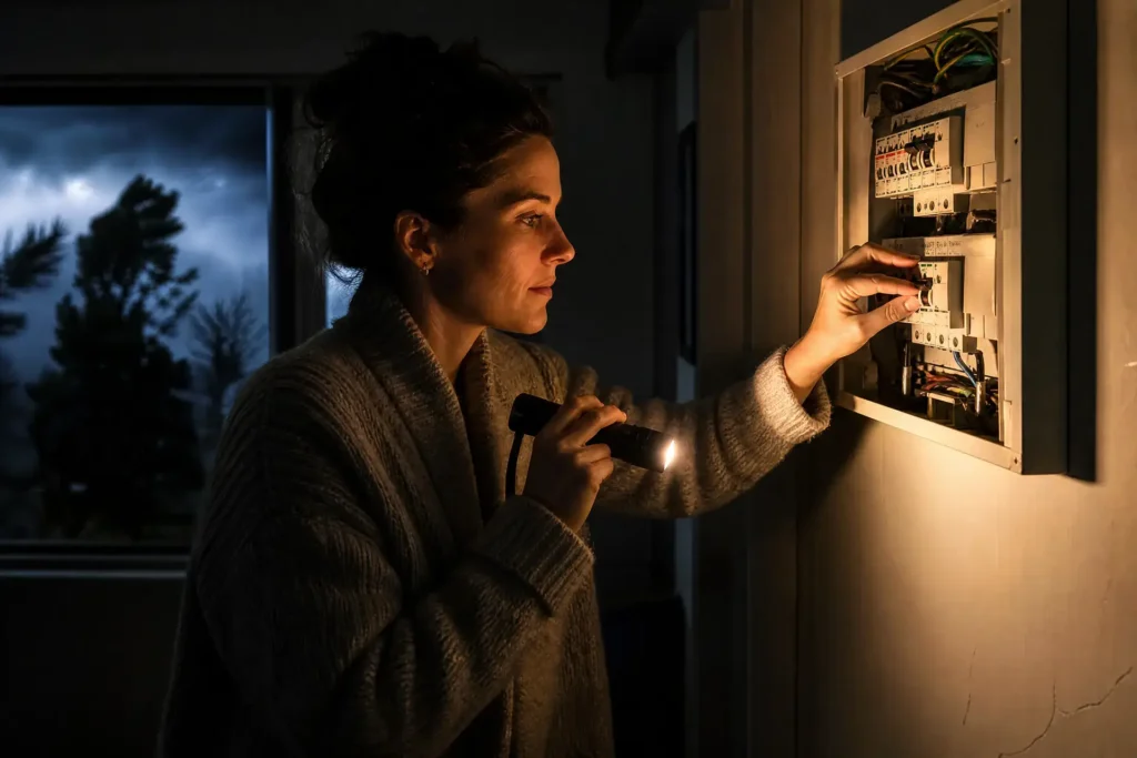 Levin homeowner checking a switchboard by torchlight during a power outage