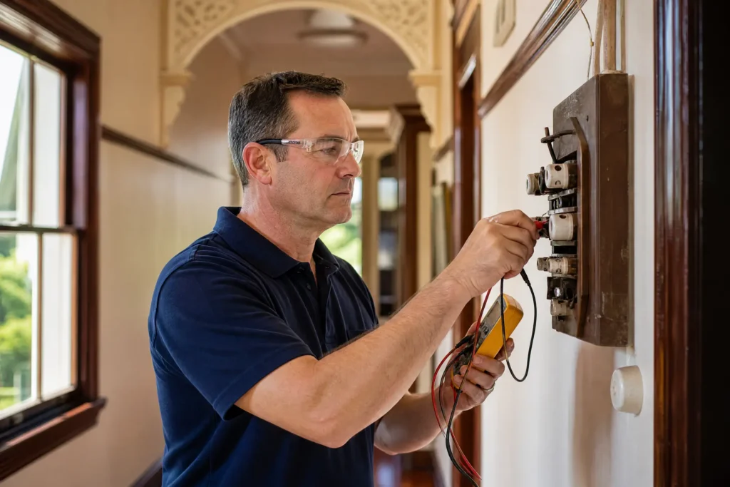 Electrician inspecting an old switchboard in a Waikanae character villa