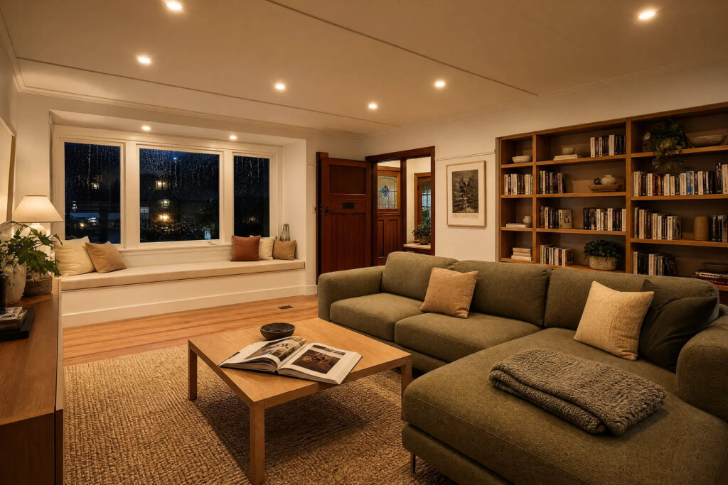 Warm LED downlights glowing in a cosy Levin living room on a winter evening