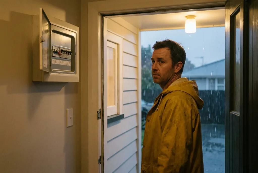 Tripped circuit breaker on a switchboard in an Ōtaki home during winter