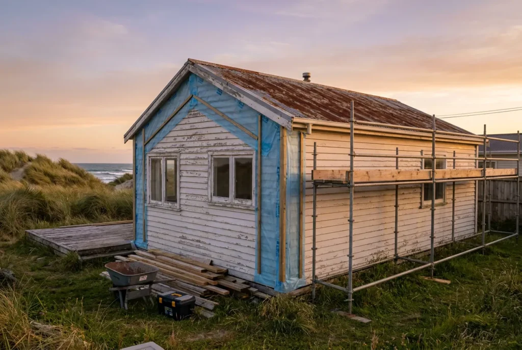 Renovation in progress on an older bach at Ōtaki Beach
