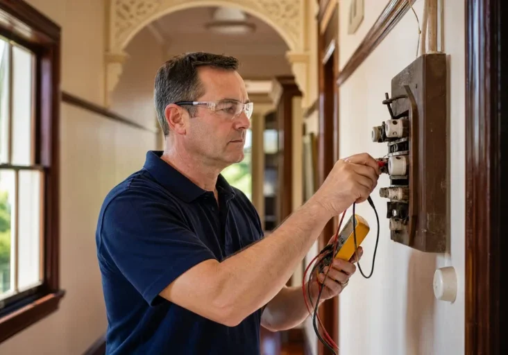 Electrician inspecting an old switchboard in a Waikanae character villa
