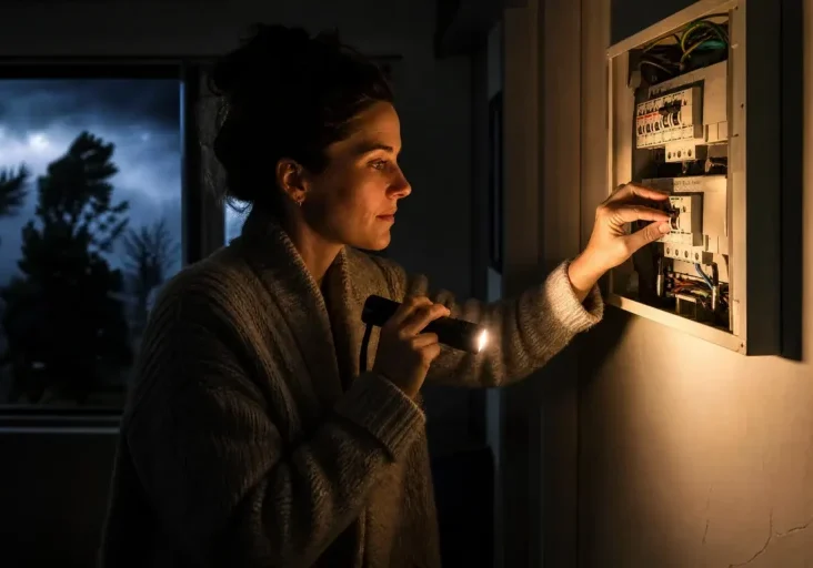 Levin homeowner checking a switchboard by torchlight during a power outage