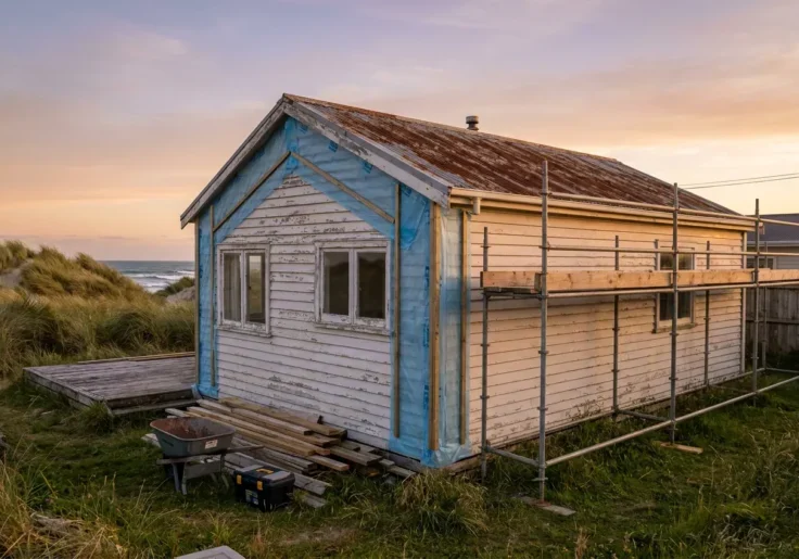 Renovation in progress on an older bach at Ōtaki Beach