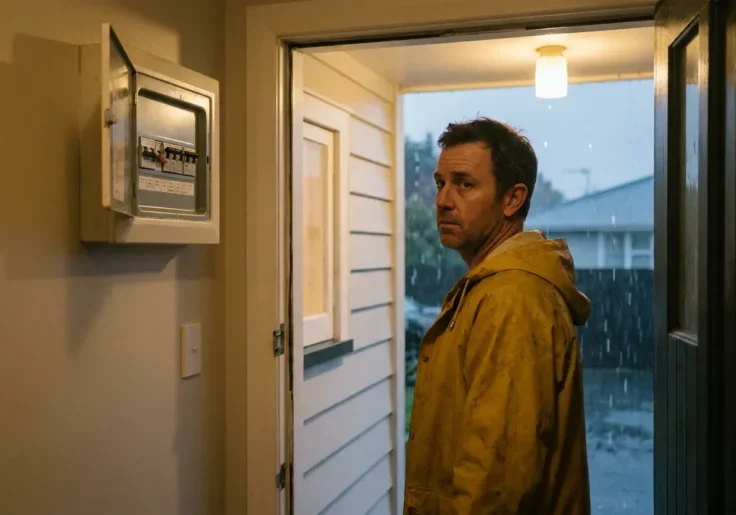 Tripped circuit breaker on a switchboard in an Ōtaki home during winter