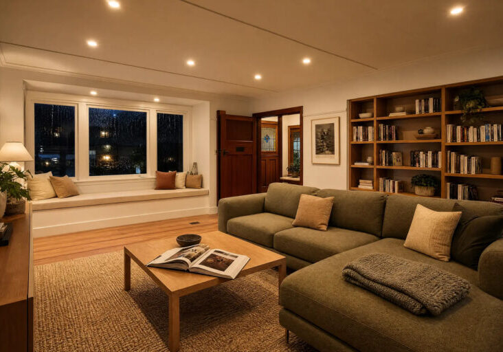 Warm LED downlights glowing in a cosy Levin living room on a winter evening